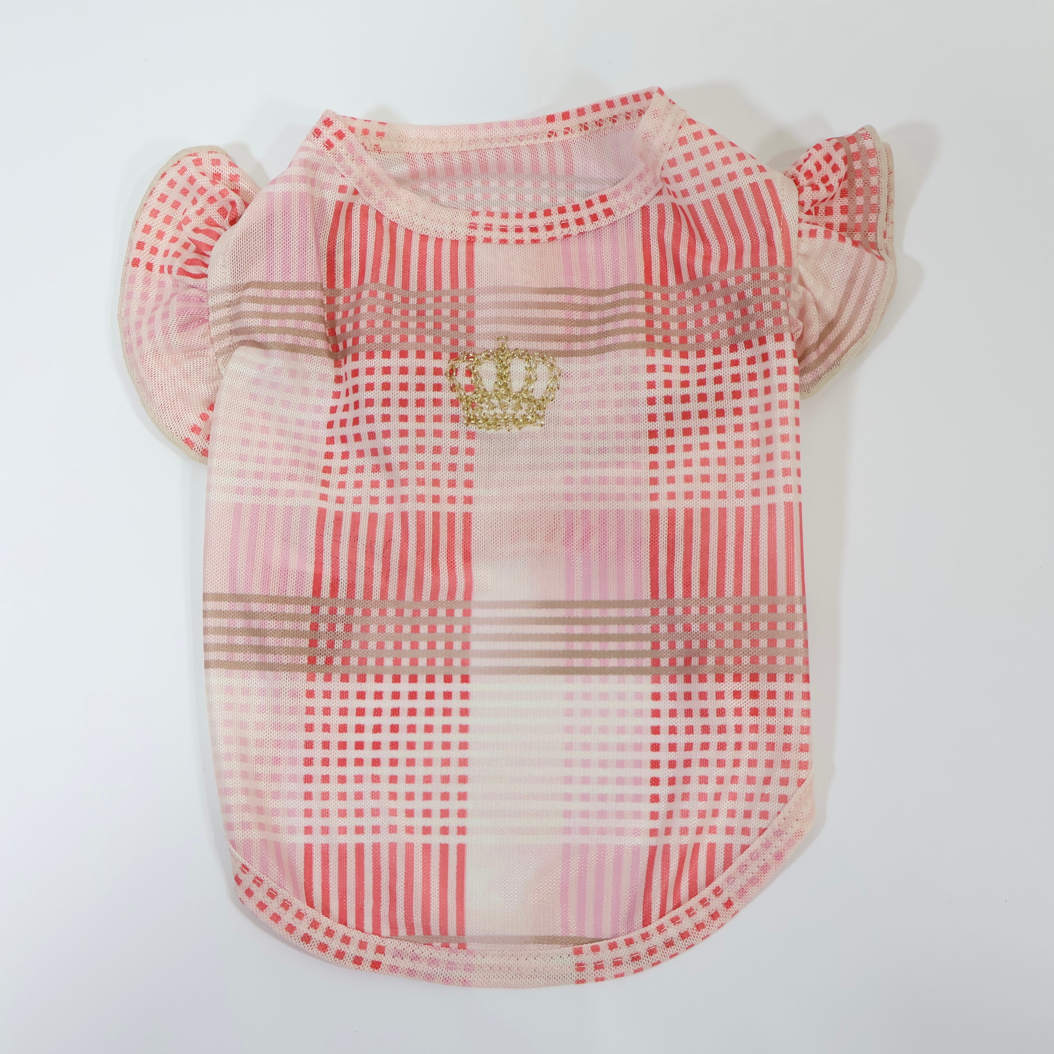 [SAD20390-3]メッシュチェックプリント刺繍Tシャツ