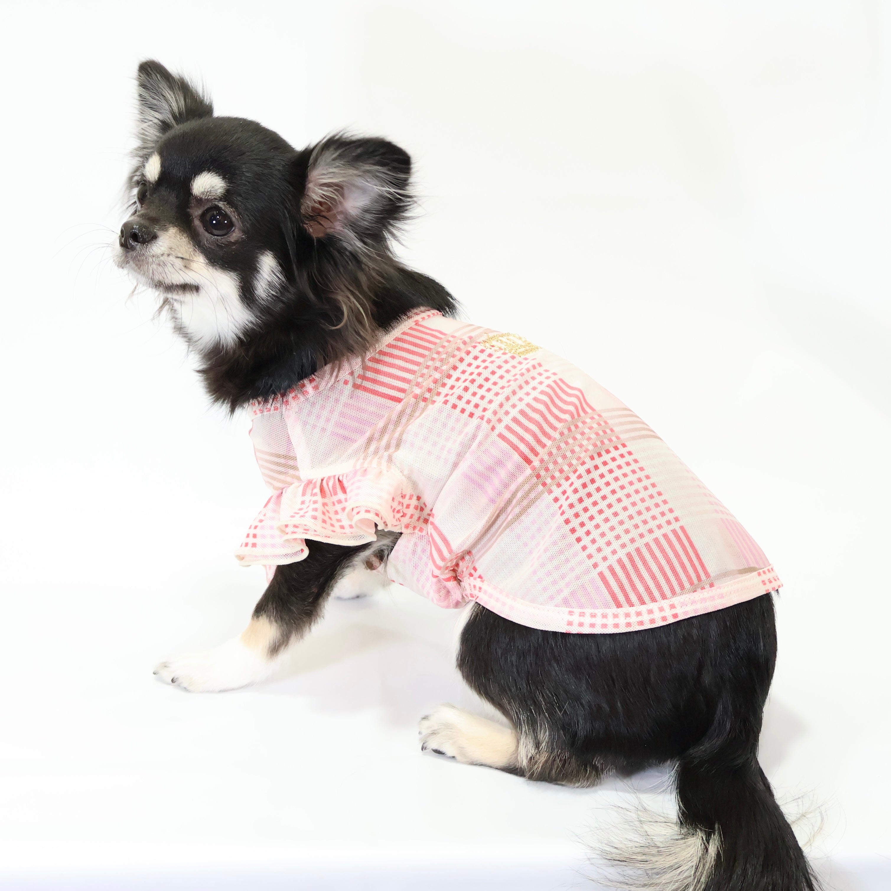 [SAD20390-3]メッシュチェックプリント刺繍Tシャツ